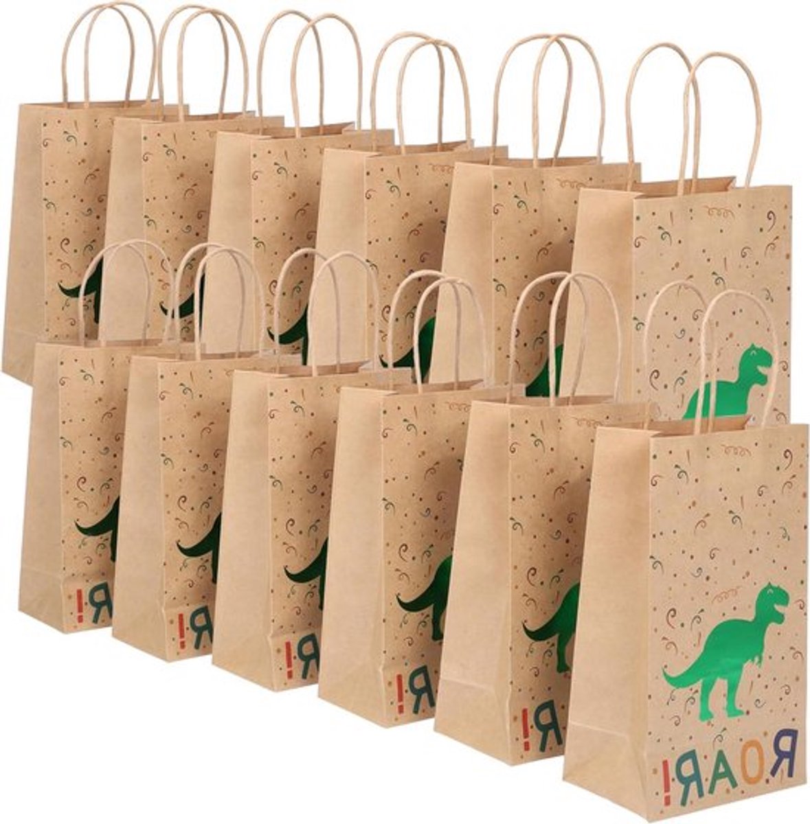 - Papieren Feestzakjes met Dinosaurus Thema (24 Stuks) - Kinderen Verjaardagsfeest - Cadeauverpakking - Dino Patroon - Feestartikelen - Geschikt voor Kinderfeestjes - Meisjes en Jongens - Babyshower en Traktatie