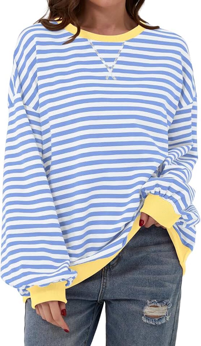 Sweatshirt,Y2K, voor dames, gestreept, oversized, lange mouwen, herfst, ronde hals, sweatshirt