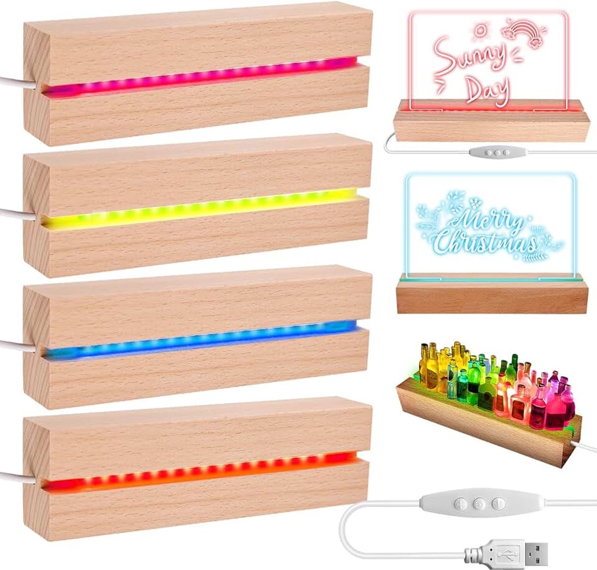 Led-sokkel, hout, 4 stuks, led-verlichting, display basis, lichtsokkel, standaard, USB, rechthoekige verlichte houten sokkel, desktop led-lampen, sokkel voor acrylplaten, kristalkunst,