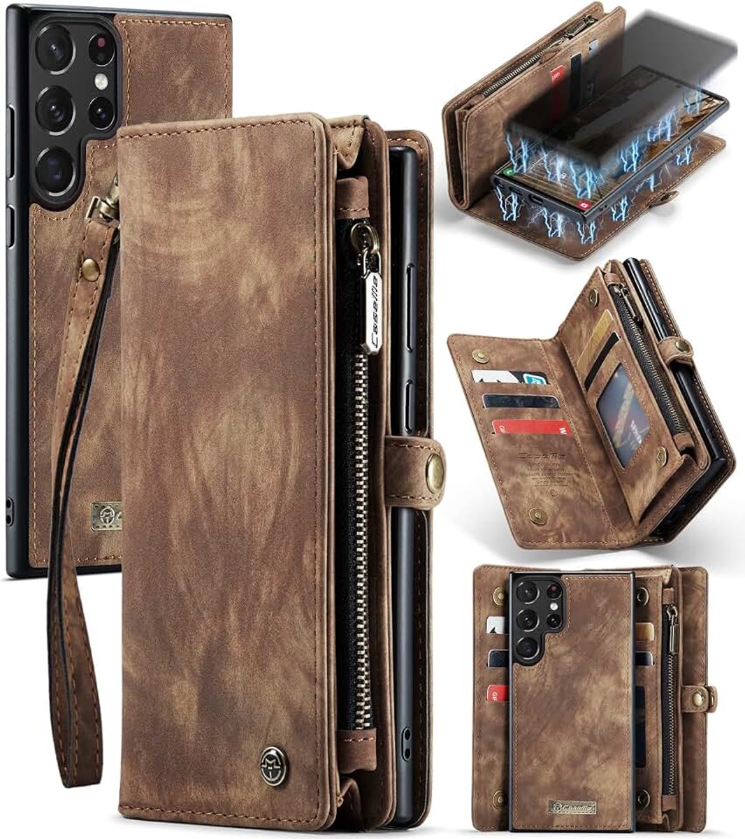 Hoesje voor Galaxy S23 Ultra, schokbestendige kaarthouder flip magnetische afneembare portemonnee hoes met rits voor Samsung Galaxy S23 Ultra 5G, anti-kras lederen TPU bumper luxe holster