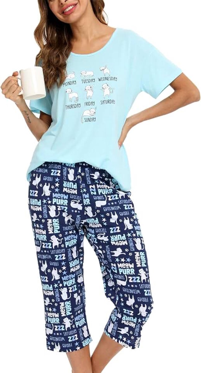 Pyjama voor dames, katoenen zomerpyjama's, tops met capribroek, nachtkleding | Zachte tweedelige pyjamasets, relaxte nachtkleding met korte mouwen gecombineerd met comfortabele capribroek
