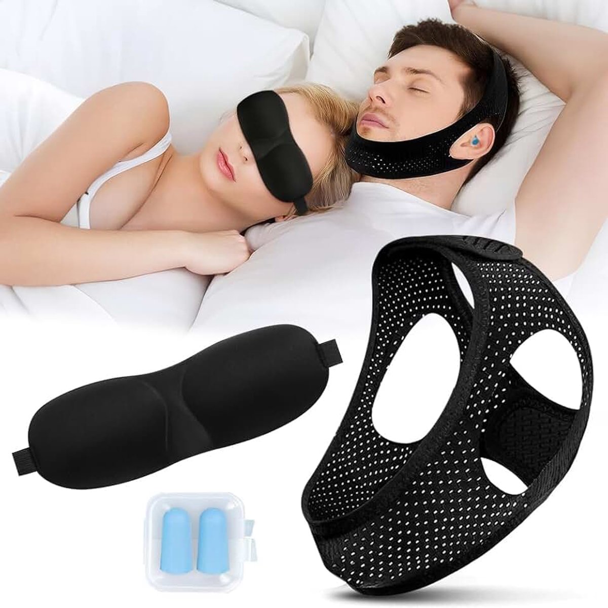 Set Kinriem Slaapmasker Oordopjes Ademend Verstelbaar Slaaphulp Snurkstopper Nachtrust Comfortabel