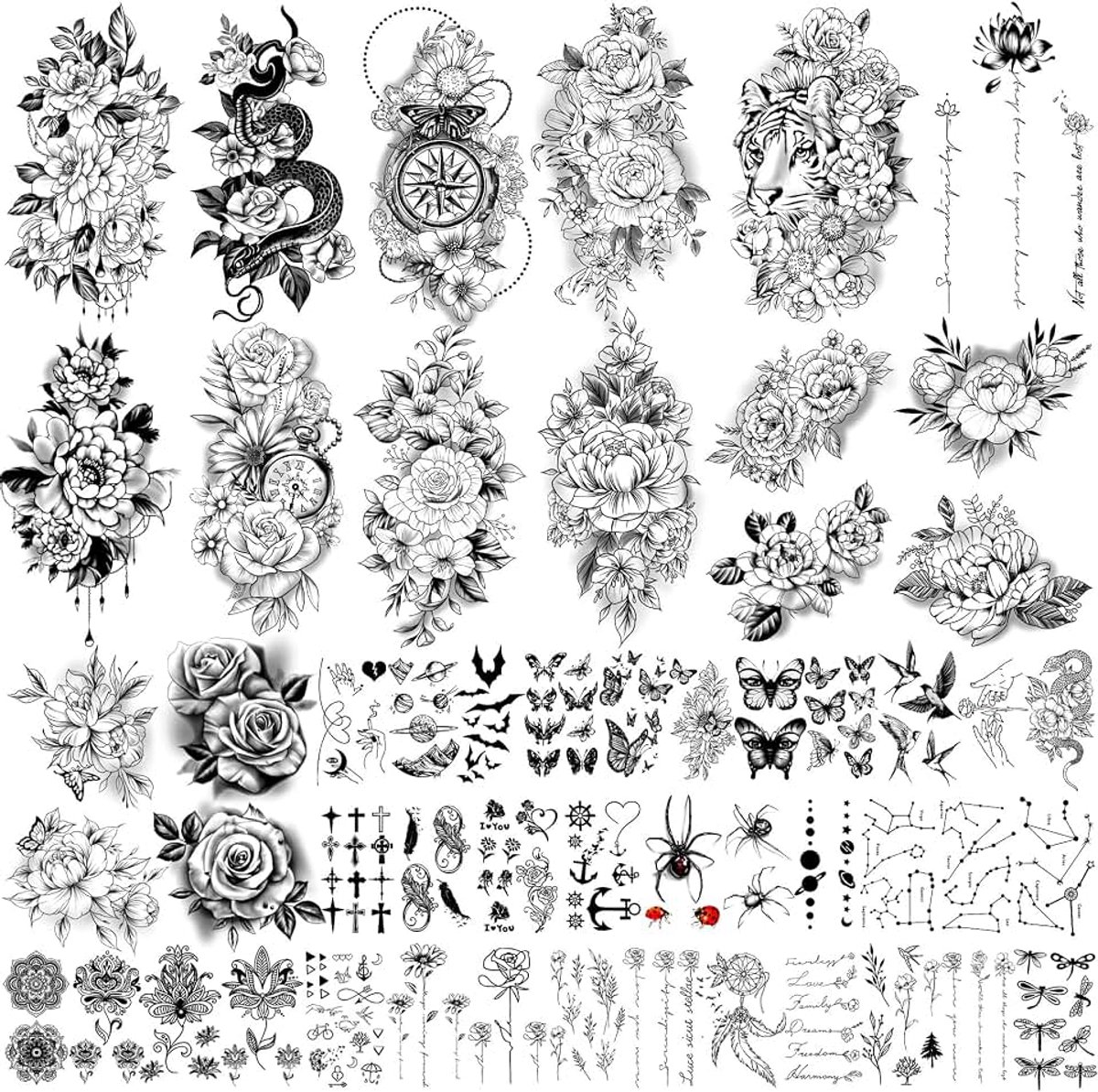 49 vellen grote sexy bloemencollectie waterdichte tijdelijke tatoeages die nep-tatoeages voor vrouwen en meisjes blijven.