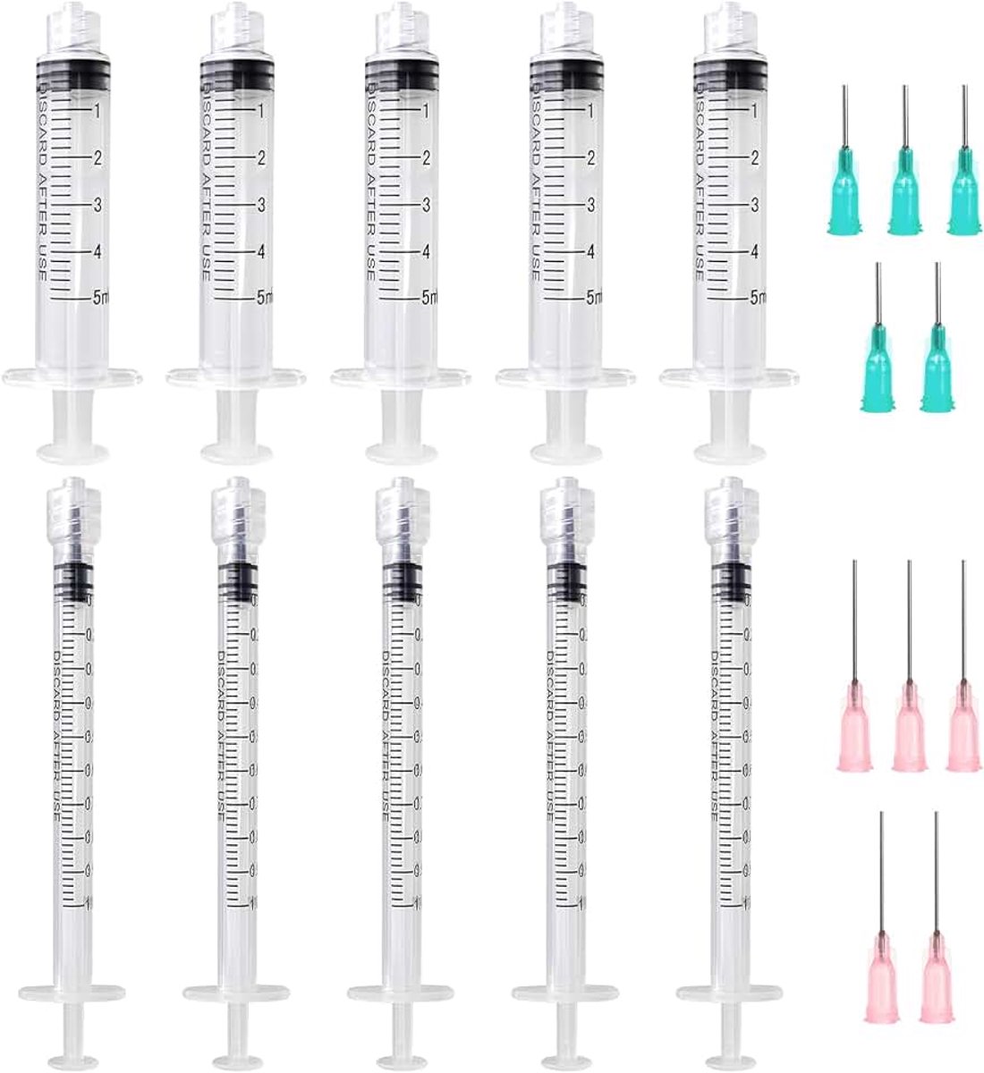 10 stuks spuit 5 ml, 1 ml spuit met naald, kunststof injectiespuit, doseerspuit, voor experiment, distributie, meting van vloeistoffen