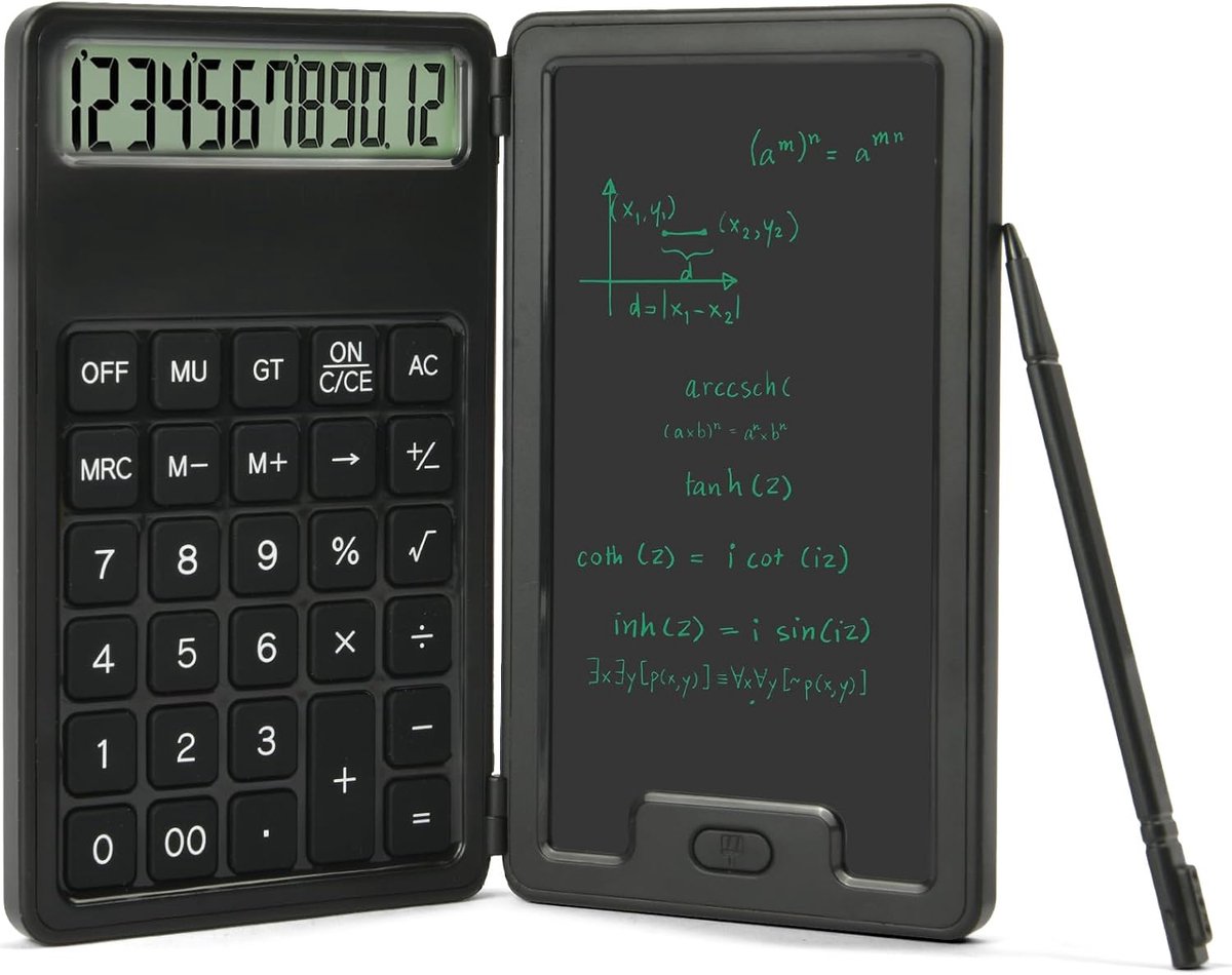 Rekenmachine met notitieblok, voorzien van een 5-inch LCD-schrijfpaneel en pen, schoolrekenmachine met batterijen, draagbaar, 12-cijferig display, grote, zeer gevoelige toetsen, geschikt voor school, kantoor en thuis