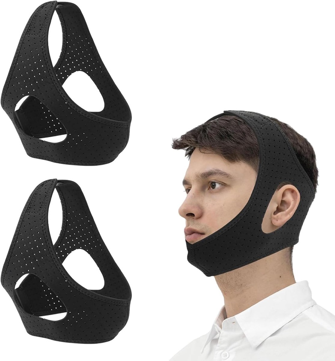 Set van 2 anti-snurkbanden, ademend -materiaal, slaapapneu-ondersteuning voor mannen en vrouwen, verstelbaar 3D-ontwerp, voorkomt mondademhaling, zwart
