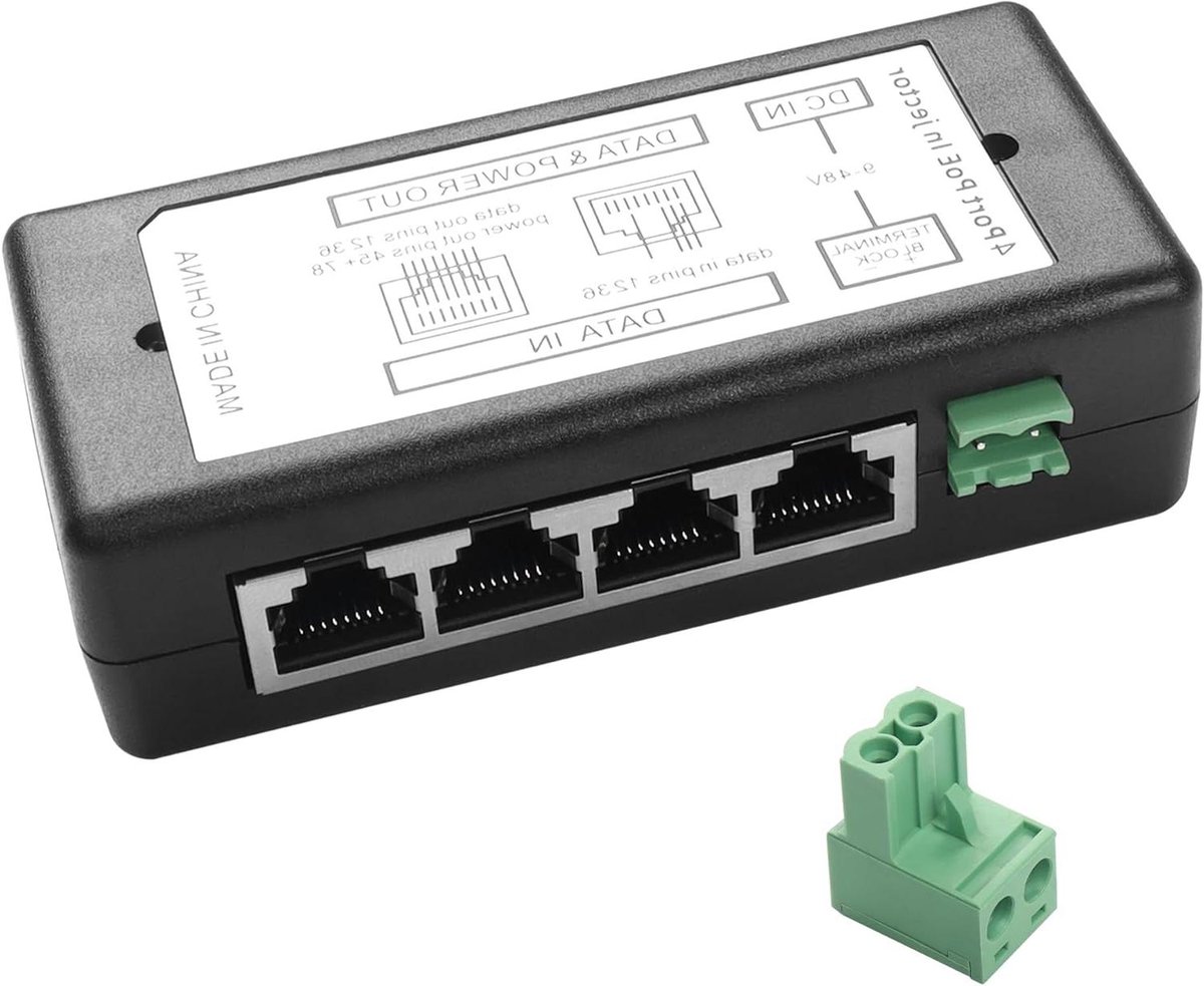 POE Injector - Power over Ethernet - Netwerkapparaten Voeden - 100 Megabyte Snelheid - 4 Poorten - Zwart