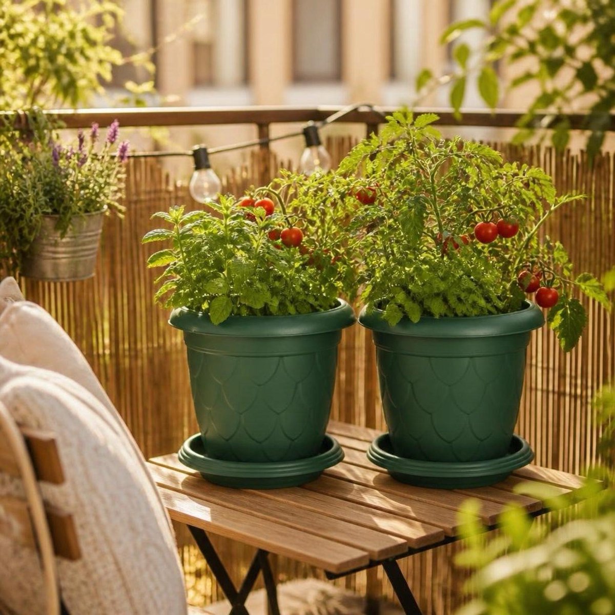 Serinova Damla Bloempot Set 2 Stuks - Ronde Kunststof Plantenbak - Donkergroen - Met Gratis Waterschaal - 3.4 Liter - Lichtgewicht En Duurzaam