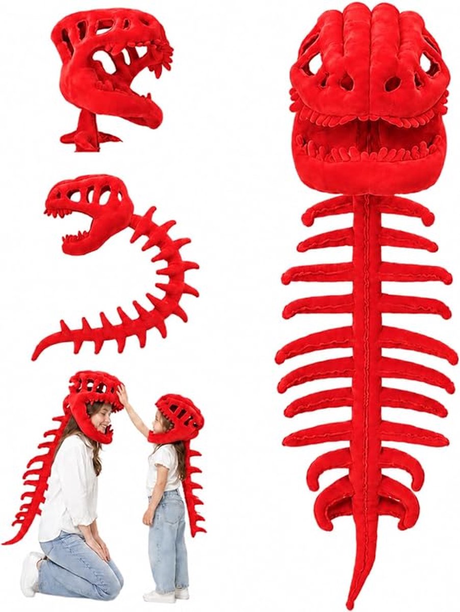 casalora - Dinosaur Skeleton Costume Set - 90cm - Dinosaur Skull Headpiece - Dinosaur Toy - Dinosaur Cosplay Costume - Halloween Costume - Rood