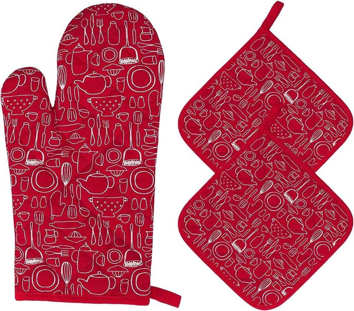 Ovenhandschoenen van hittebestendig katoen, ovenwanten voor magnetron, grill, koken, bakken, 1 ovenwant + 2 geïsoleerde placemats (rood)