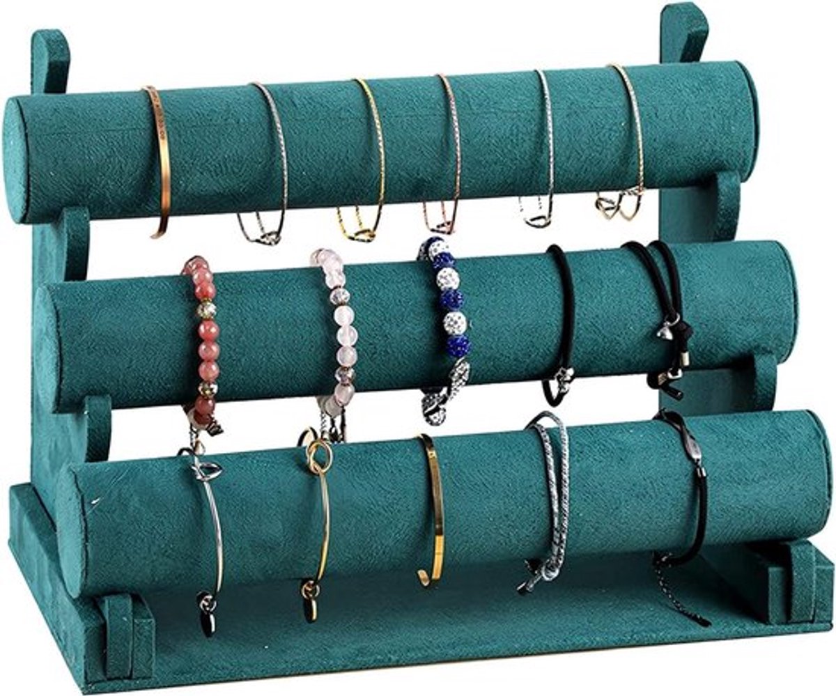 Groene Fluwelen Sieraden Organizer met 3 Laagjes, Afneembare Armbandhouder en Sieraden Display voor Armbanden en Horloges