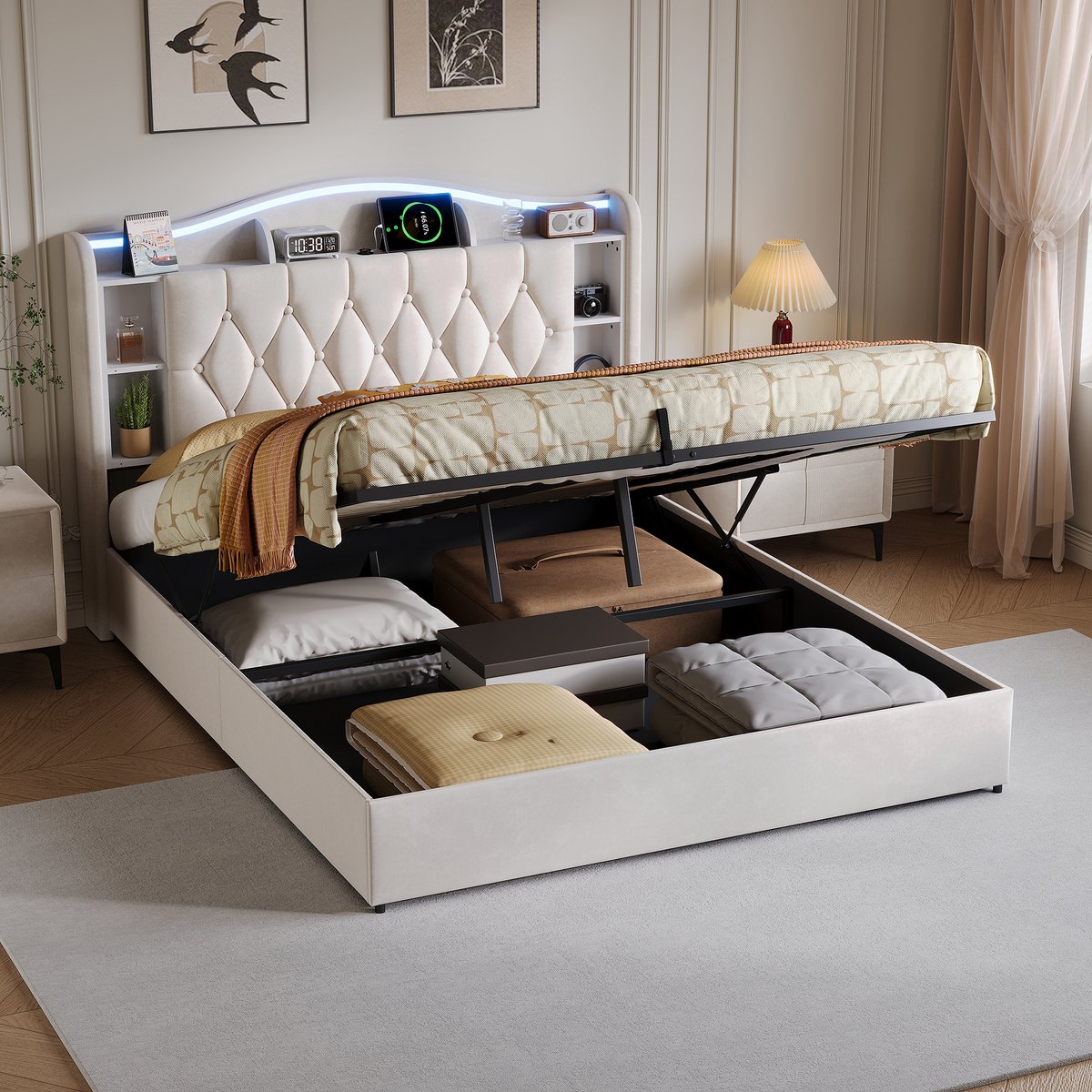 Gestoffeerd bed 160x200 cm met LED en USB, Tweepersoonsbed met hydraulische opbergruimte, Opbergbed bedframe met lattenbodem en hoofdbord,fluweel Beige, zonder matras