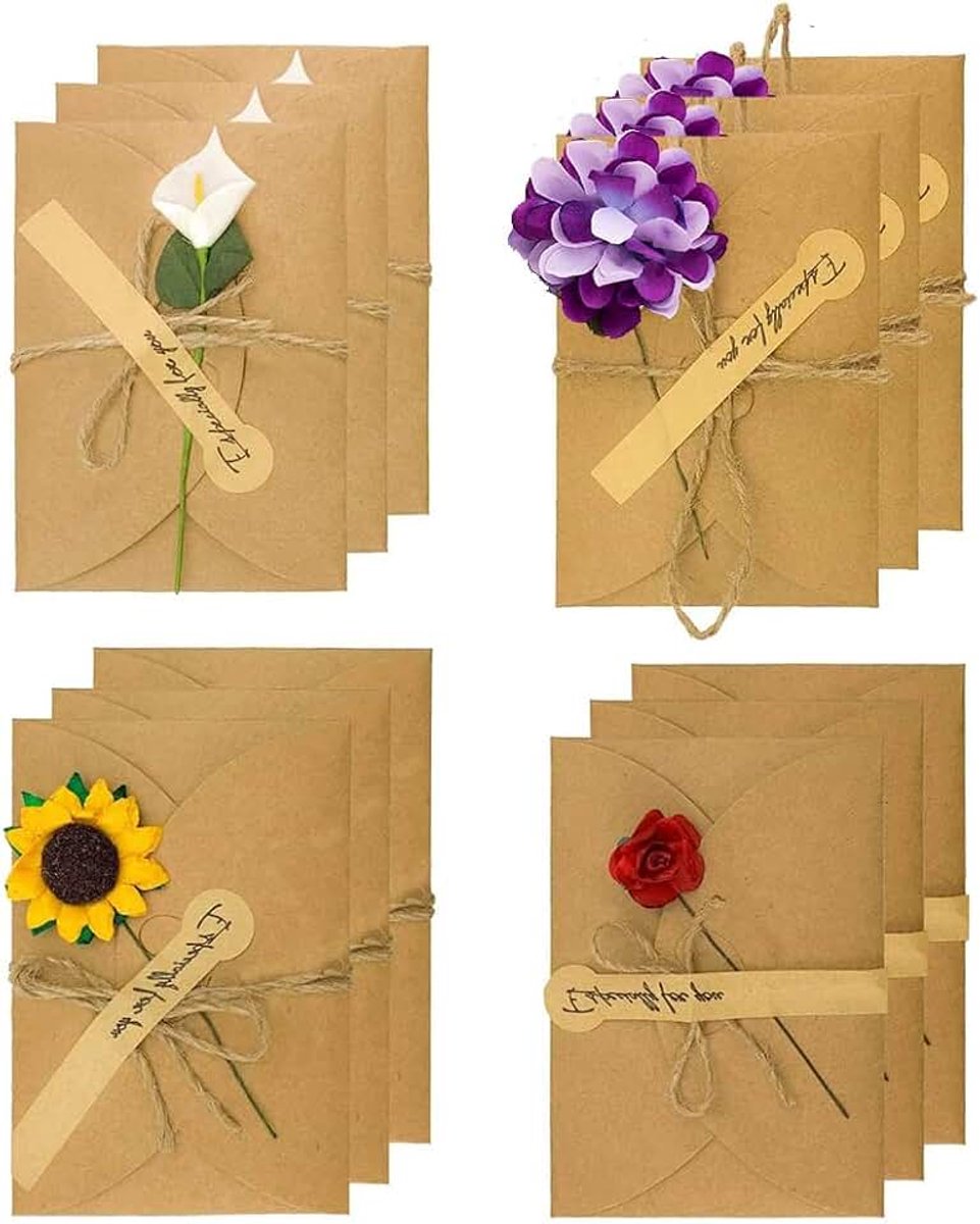 12 stuks kaarten met envelop, wenskaart met enveloppen, retro kraftpapier, gedroogde bloemen met ansichtkaart, te gebruiken voor verjaardagen, jubilea, Kerstmis, Valentijnsdag