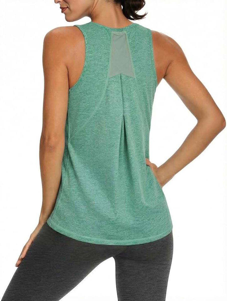 Tanktop voor dames, sportkleding, fitnessstudio, mouwloos, T-shirt, tule inzetstukken op de rug, ronde hals, shirt voor fitness, yoga, hardlopen, dansen