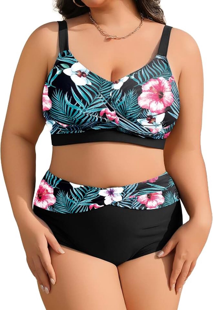 Heekpek Dames zwemkleding plus size V-hals buikcontrole badpak 2-delig twist front hoge taille bikini set plus size badmode