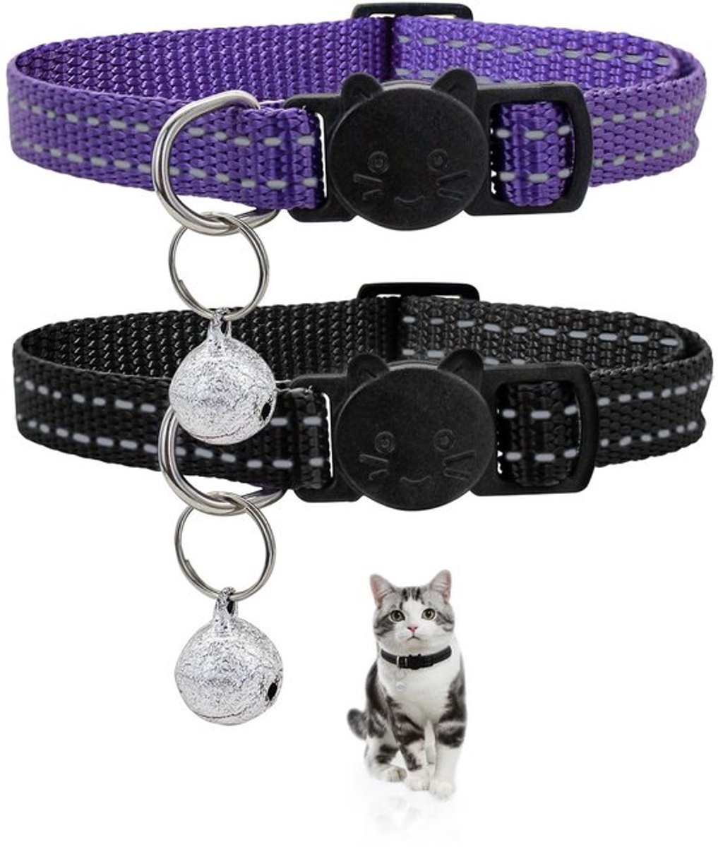- Kattenhalsband - Reflecterende Kattenhalsband - Veiligheidsluiting - Paars & Zwart - Verstelbaar - Geschikt voor Katten en Honden