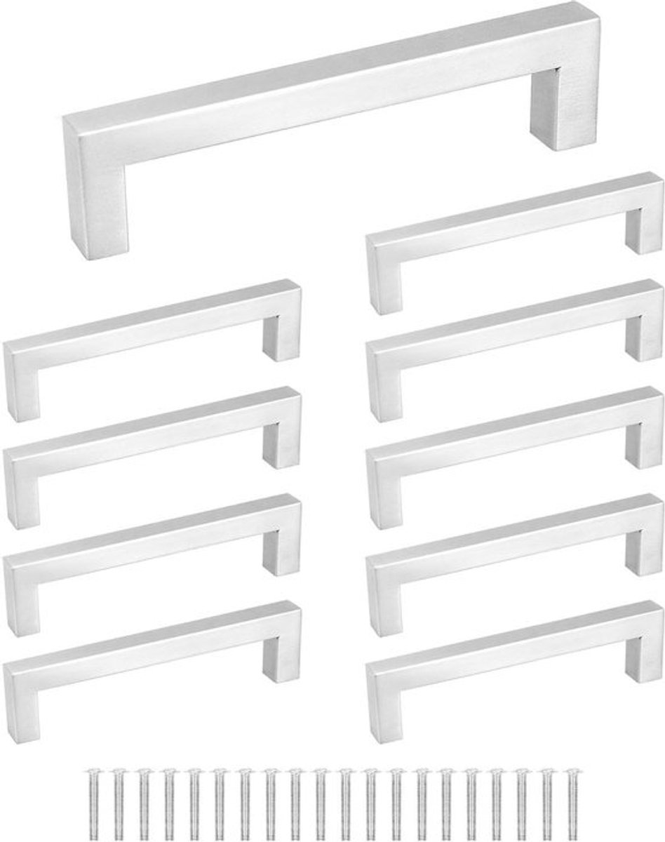 Meubelgrepen Roestvrij Staal 10-pack - Zilveren Keukenkast Handgrepen - Vierkante Design - Inclusief Schroeven - Bevestigingsafstand 128 mm