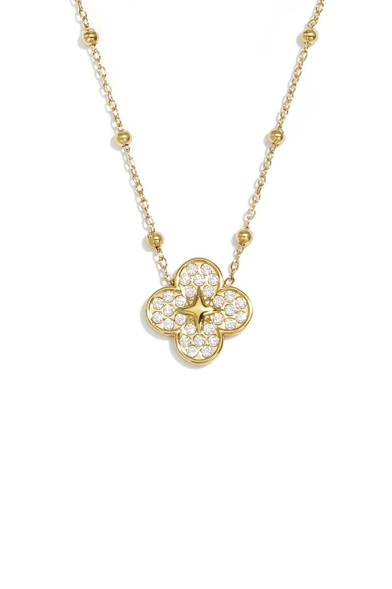 Ketting met Klaver-Hanger en Strass-steentjes – Roestvrij Stalen Ketting – RVS - Goud