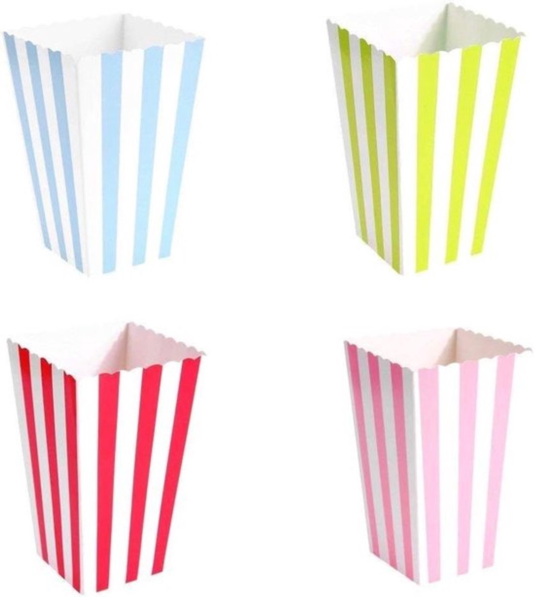 Multicolor Papieren Popcorn Traktatie Dozen voor Kinderen Verjaardagsfeest - Roze Blauw Rood Groen Strepen - Snoepjes Snacks Container met Emmers - 48 Stuks
