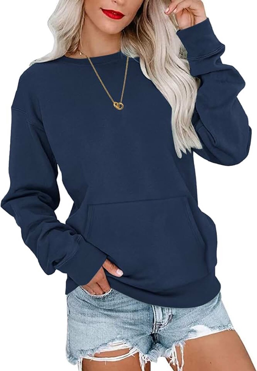 Sweatshirt Dames Shirts met Ronde Hals en Lange Mouwen Herfstoutfits Casual Blouse Dames met Kangoeroezak Donkerblauw M