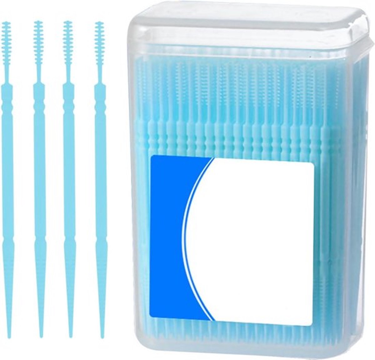 200 stuks kunststof tandenstokers met dubbele punt - interdentale sticks - mondreinigingsstaafjes - tandverzorgingsstaafjes voor thuis - blauw.