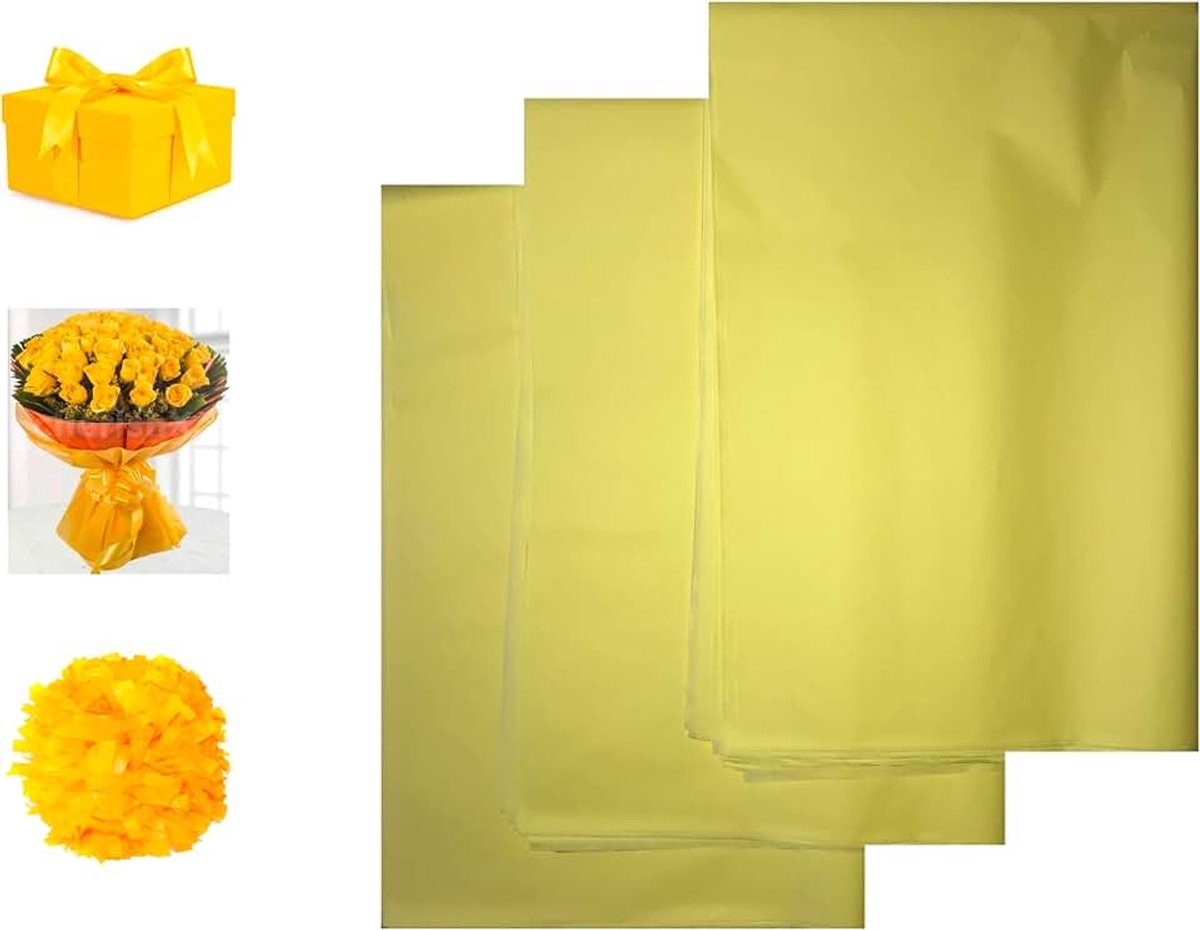 Zijdepapier verpakkingsmateriaal om te verpakken | 30 vellen 50 x 75 cm voor bloemen, bruiloften, cadeauzakjes, kunsthandwerk, Kerstmis, pompons (geel)