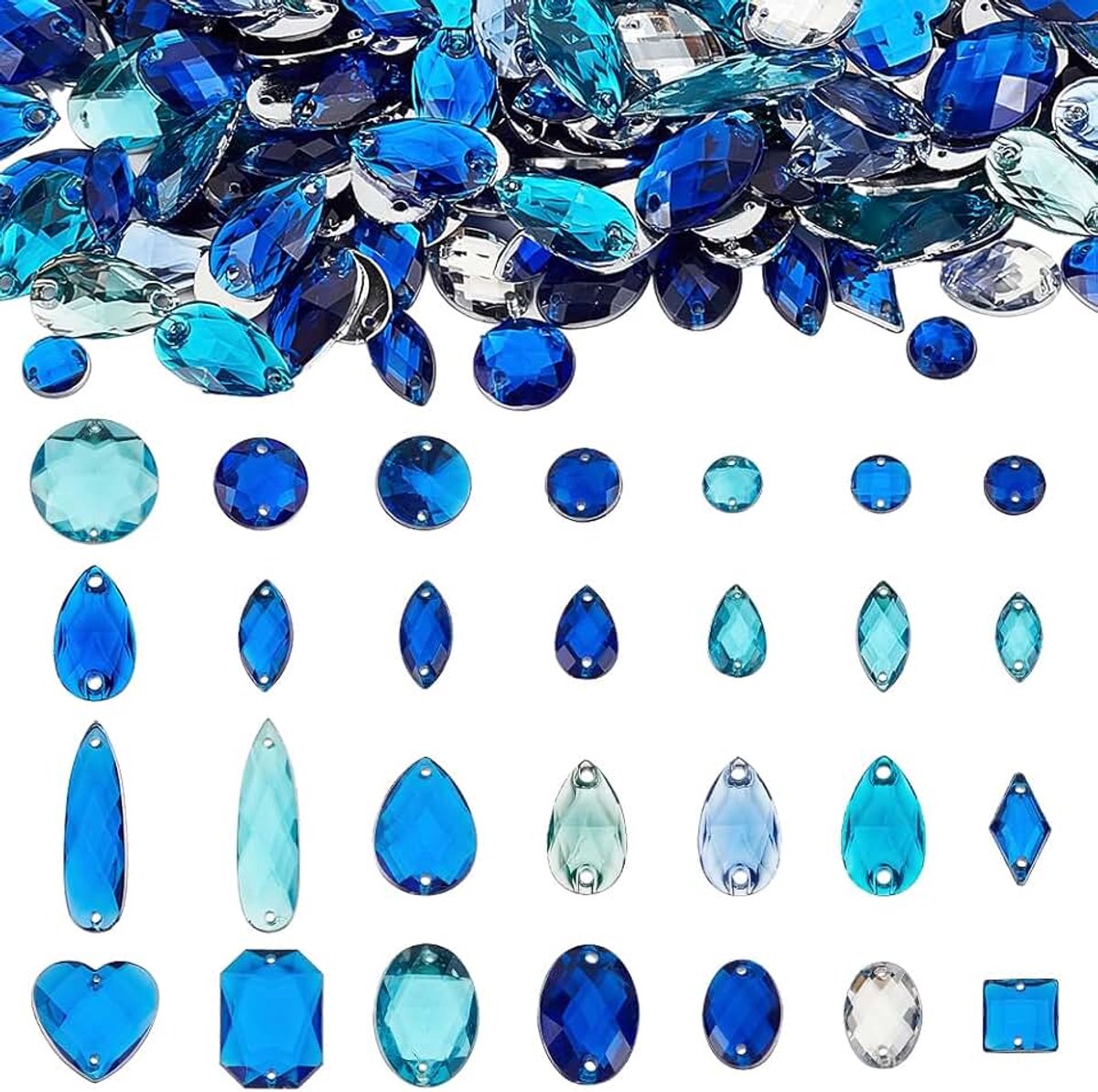 420 stuks acryl naai-strass steentjes, koningsblauwe platte steentjes voor kleding, knutselen, gemengde vorm strass kristallen edelstenen 2 gaten naaien kralen decoraties voor doe-het-zelf