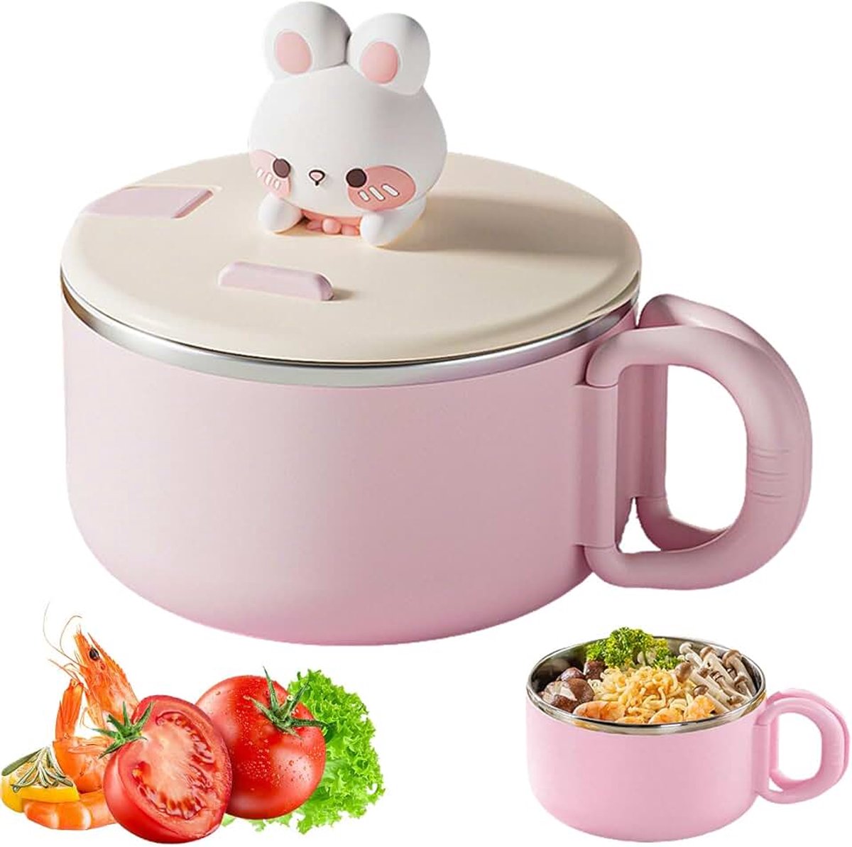 Ramenkom, noedelkom met deksel, lekvrij, met handvat, vak voor mobiele telefoon, instantie, voor soep, pasta, salades, groenten, fruit, 1200 ml, roze