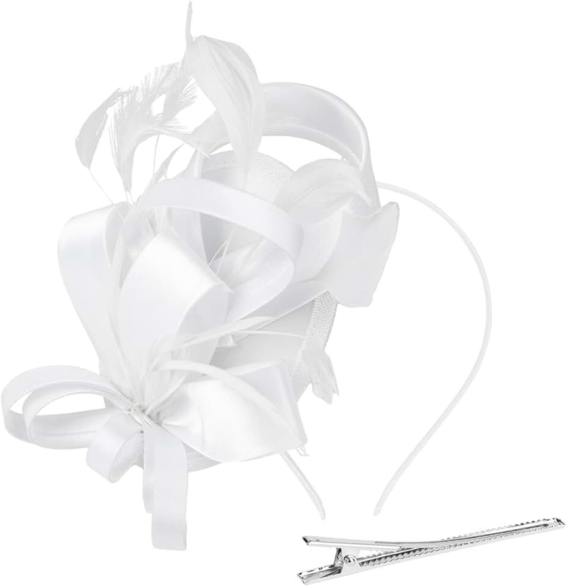 Fascinator-Hoed, Mesh Bloem Veer Fascinator-Hoofdband, Vrouwen Fascinerende Hoeden, Feest Kostuum Hoofddeksels voor Bruiloft, Thee Feestje, Cocktail Race, Valentijnsdag, Love Heart-White