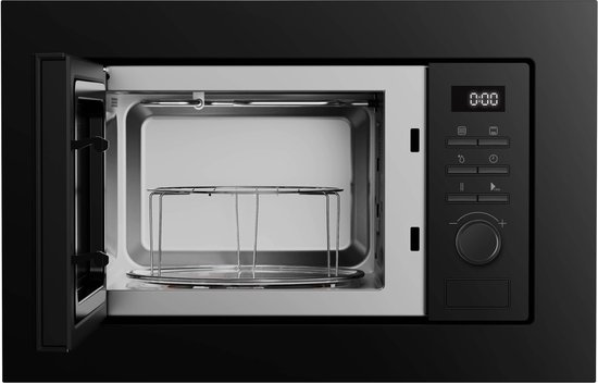 Inbouwmagnetron met grill, 21L, 800W, 38cm, 8 kookprogramma's, zwart. Deur en binnenkant zichtbaar met rooster.