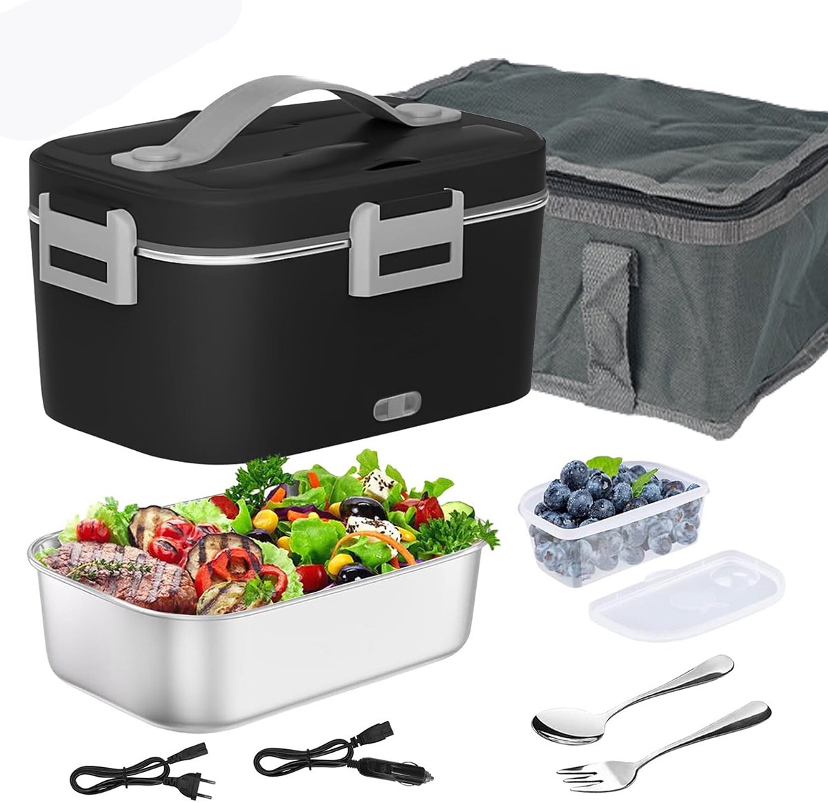 Elektrische lunchbox – 1,8 liter - 12V/24V/220V - Geïsoleerde lunchbox voor in de auto - Voedselverwarmer - Verwarmde bentobox - Geschikt voor auto's, kantoren en scholen - Snel opwarmen - Zwart/grijs