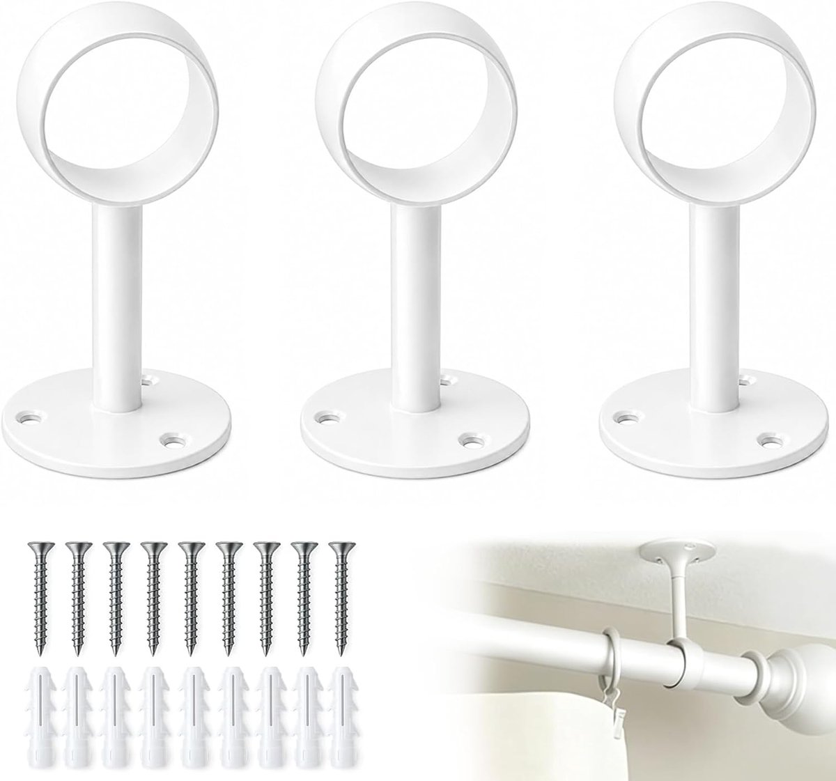 4 witte gordijnroedesteunen – diameter 32 mm – plafondmontage – geschikt voor badkamers, keukens, woonkamers en slaapkamers