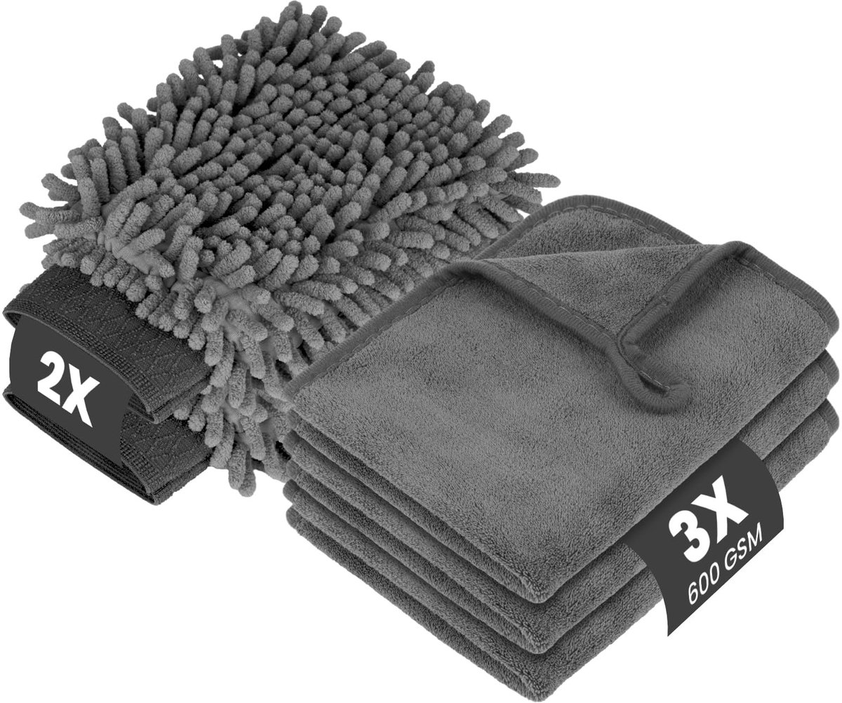 3 microvezel reinigingsdoeken en 2 chenille washandjes, 600 GSM drooghanddoeken, zeer absorberend 100% krasvrij, voor thuis en auto wassen, drogen, detaillering 40 x 30 cm