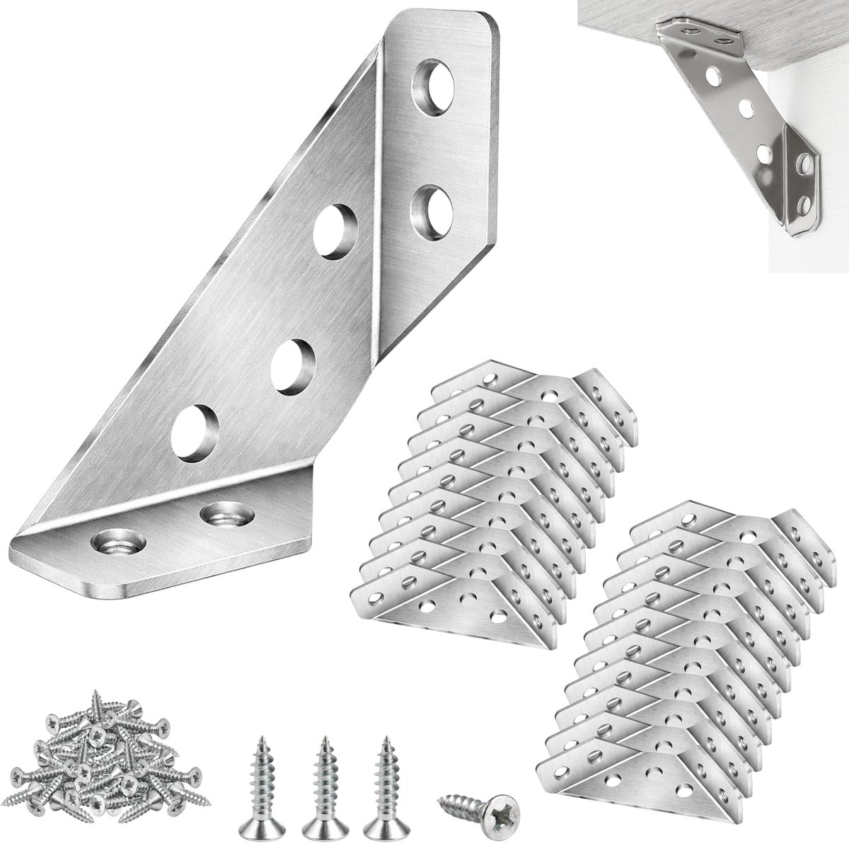 Hoekverbinders, roestvrij staal, hoekverbinder met schroeven, meubelhoek, metalen hoekhoek voor plank, hout, meubels, kast, tafel, stoel, metalen hoek, 21 × 65 × 29 mm