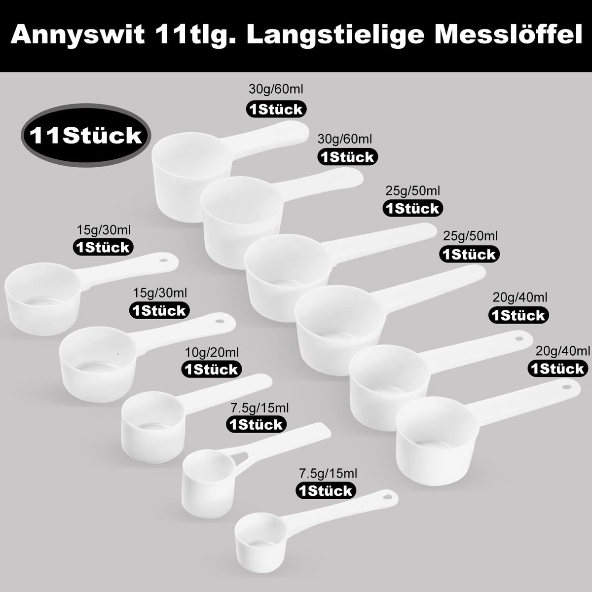 11 Stuks Maatlepel Set Witte Doseringlepels met Schaal 10ml-60ml, Wasmiddel Doseringhulp, Maatlepel voor Waspoeder, Eiwitpoeder, Vloeistoffen, Portioneerlepels voor Keuken en Melkpoeder