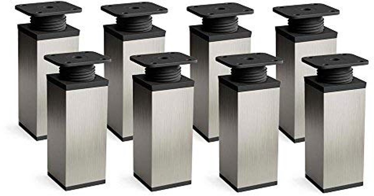 Meubelpoten, set van 8 stuks, in hoogte verstelbaar, geborsteld RVS, H 100 mm, vierkant profiel, model MFV1, voor kasten en meubels