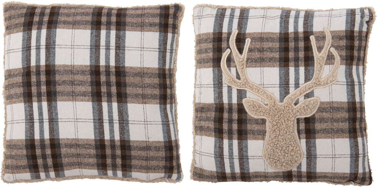 J-Line kussen Geruit + Rendier - polyester - beige/donkerbruin - 2 stuks