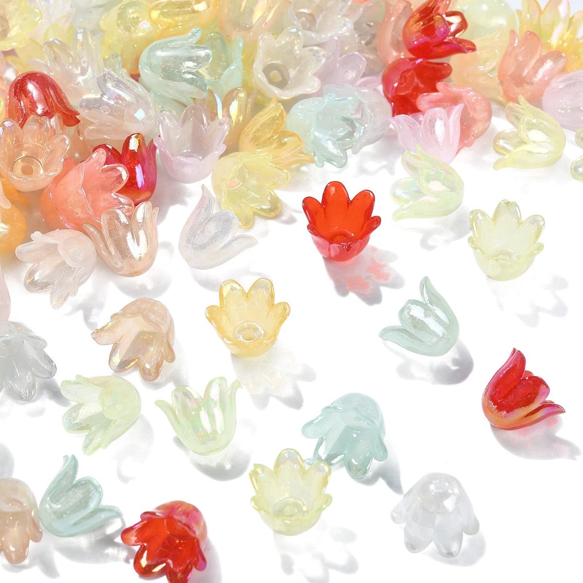 300 Stks Kleurrijke 6-Petal Bell Bloem Kraal Acryl Bloem Kralen Caps AB Kleur Bloemen Spacer Kralen voor DIY Ambachten Sieraden Maken Accessoires