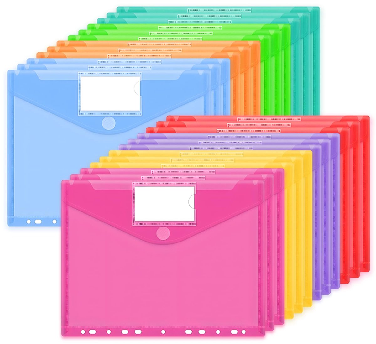 Documentenmap, 24 stuks, 8 kleuren, waterdichte mappen met 11 gaten, klittenbandsluiting en labelvakken, transparante documentenhoezen voor het organiseren van documenten