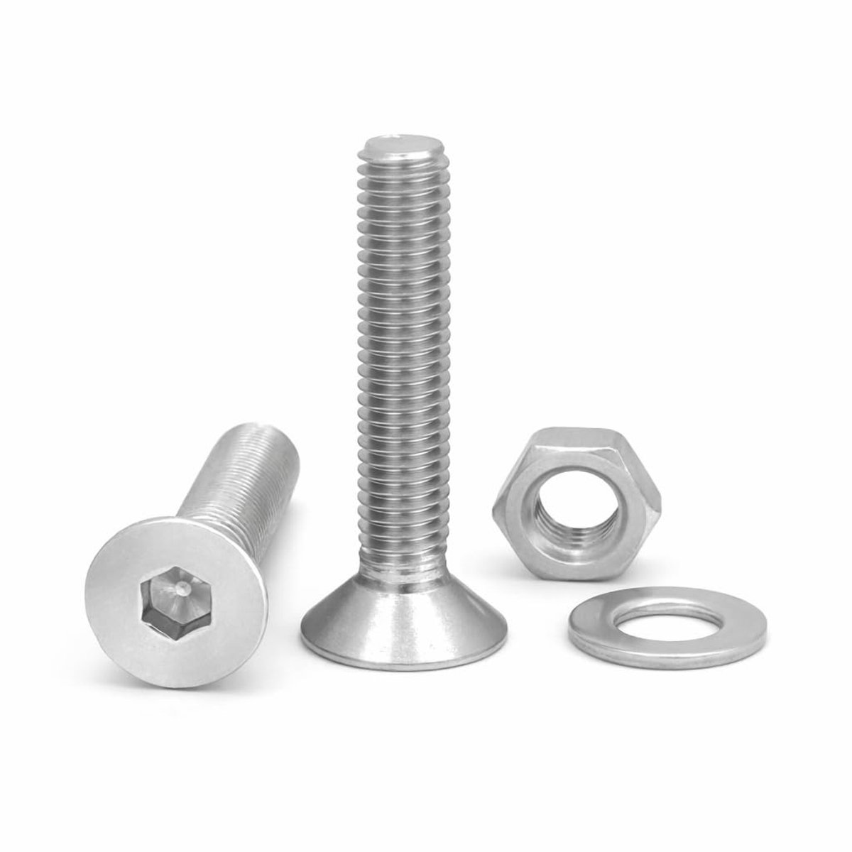 Inbusschroeven met verzonken kop. roestvrij staal AISI 304 (A2). Meet M5 x 25 mm. Inclusief 20 schroeven met 20 moeren en 20 sluitringen (60 stuks). Roestvrijstalen schroeven met platte kop