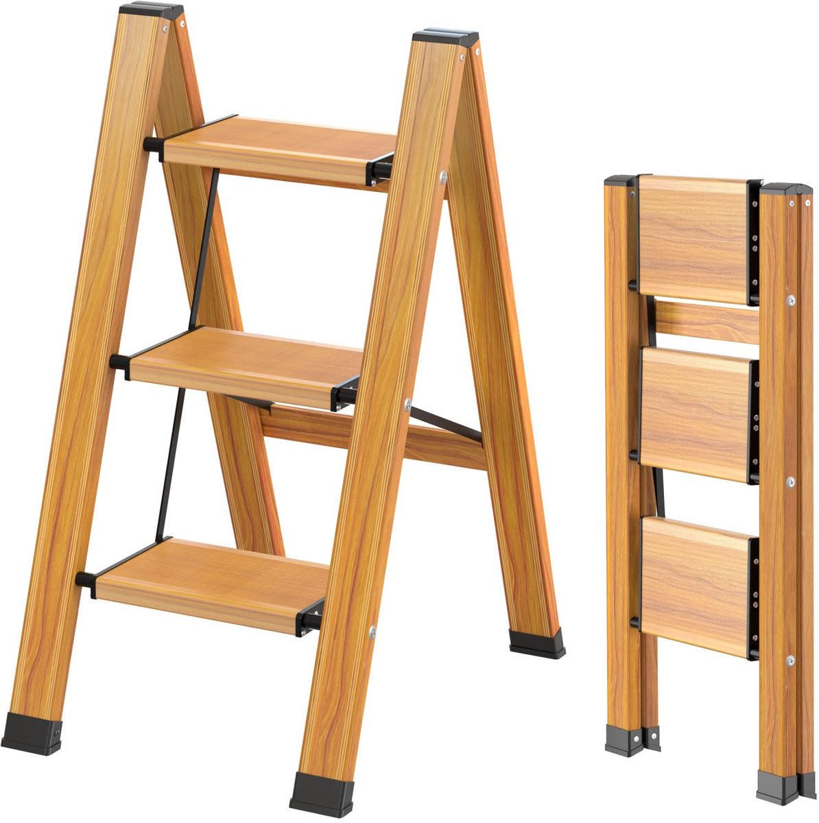 Trapladder, 3 treden, vouwladder, aluminium ladder, draagbare trapladder, antislip huishoudladder, multifunctionele ladder met houtnerf voor thuis en op de camping
