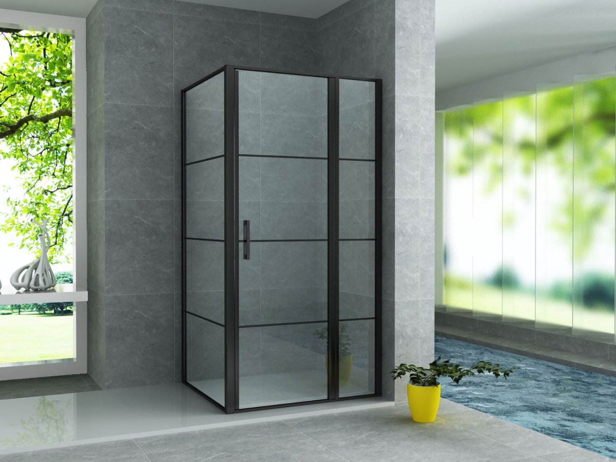 ALONI Douchecabine met Draaideur, Vast Wandje en Zijwand – 90x120x200 cm – 8 mm Veiligheidsglas – Mat Zwart – Helder Glas met Zwart Raster – Omkeerbaar