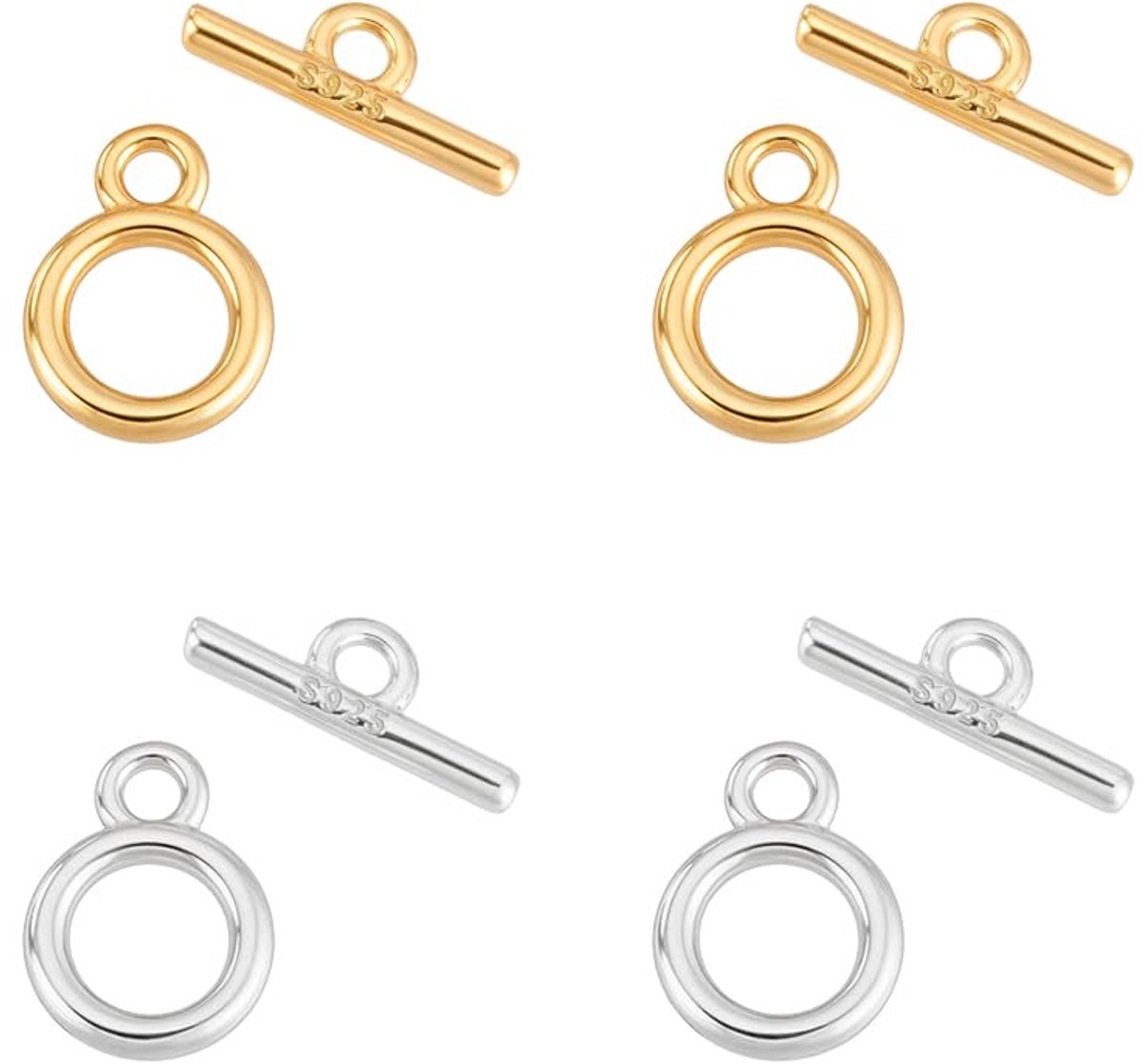 PandaHall 4 sets 925 sterling zilveren tuimelsluitingen ronde T-bar sluiting sluiting, 8,5 x 6,5 mm ronde connector bedelsluiting voor kettingen armbanden sieraden doe-het-zelf handwerk maken