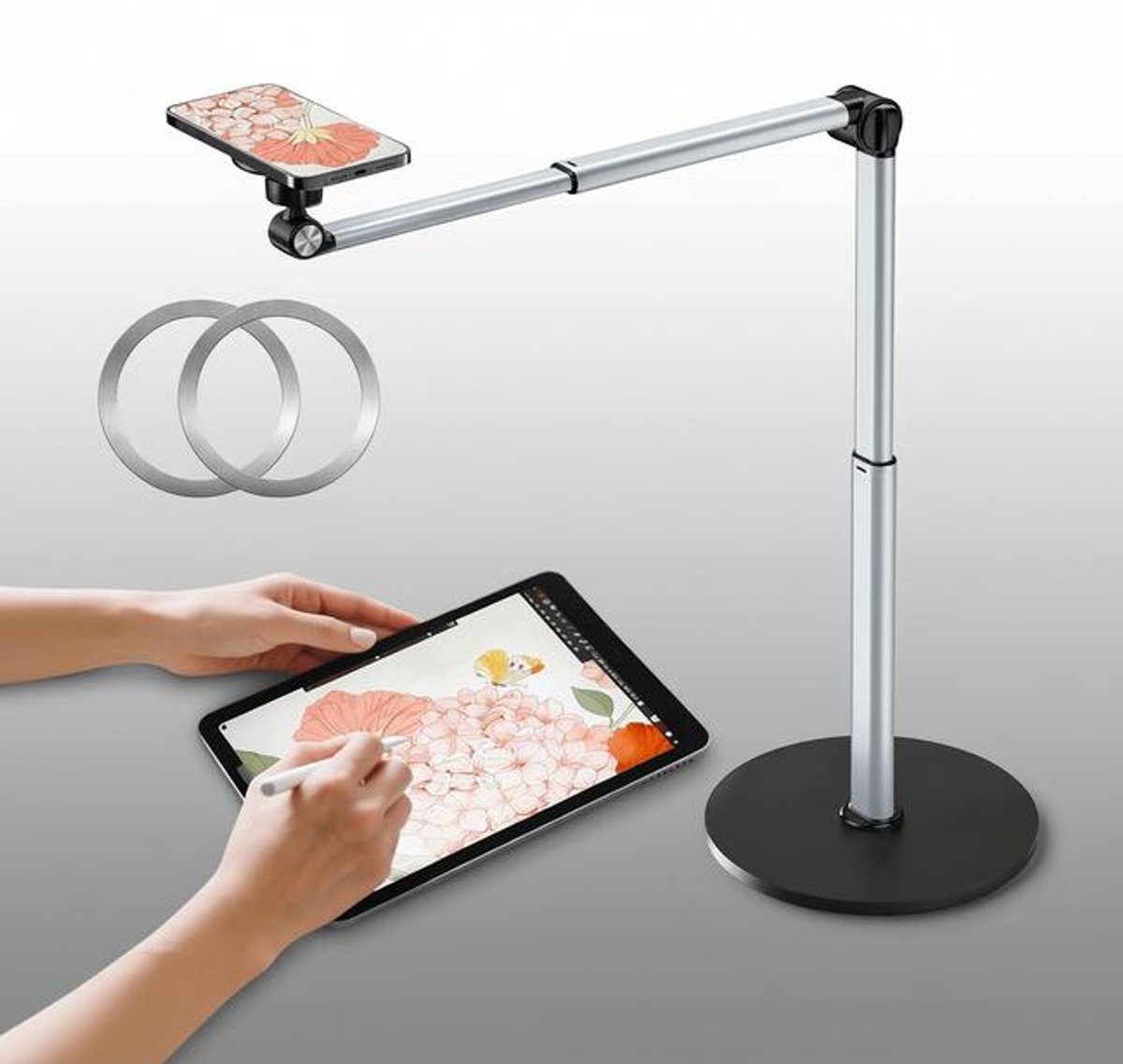 Huis Geluk Heavy-duty aluminium overhead telefoonhouder – verstelbaar statief voor top-down opnames, geschikt voor koken, knutselen en filmen