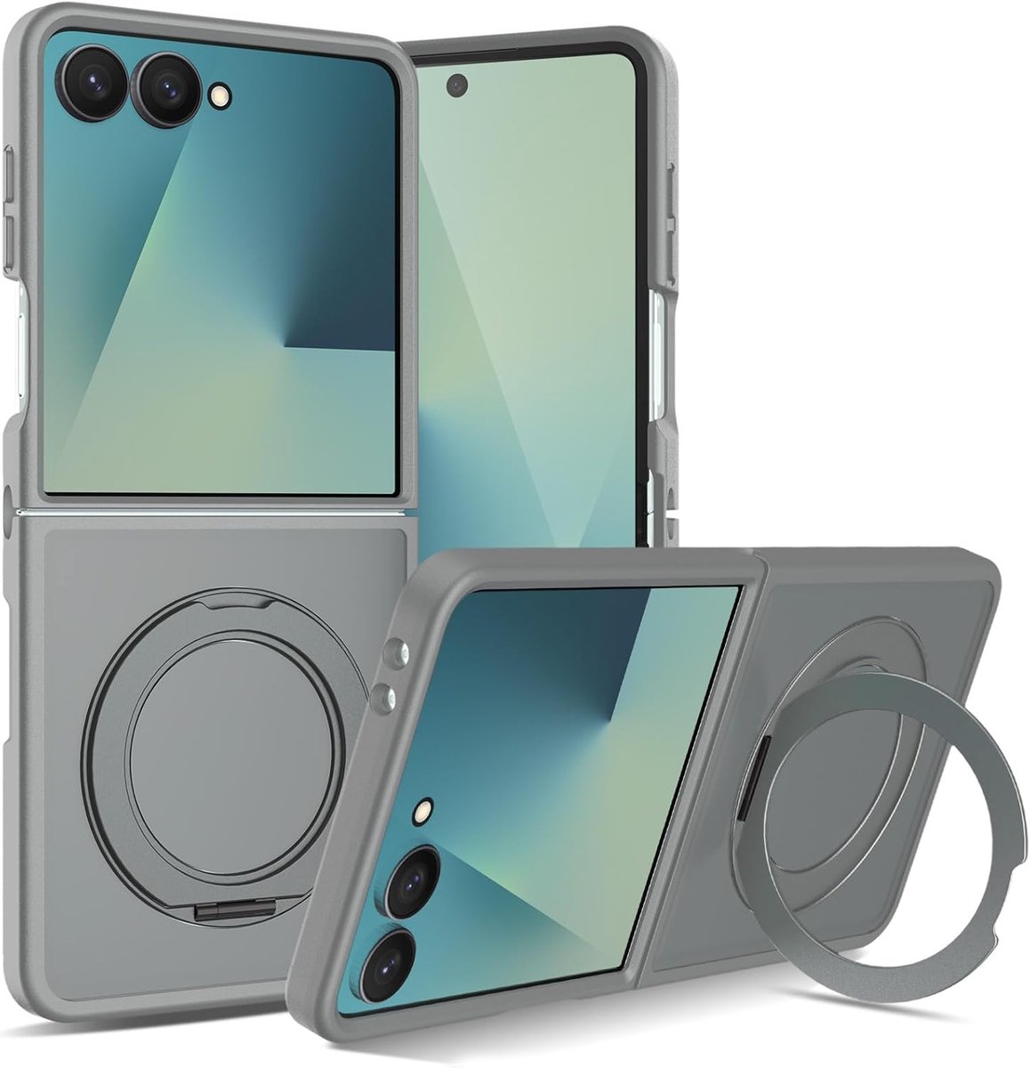 Hoesje Geschikt voor Samsung Galaxy Z Flip8 - Grijs - Matte Armor Magnetische Back Cover met Uitklapbare Ringstand - Telefoonhoesje Geschikt voor MagSafe met Ring Kickstand