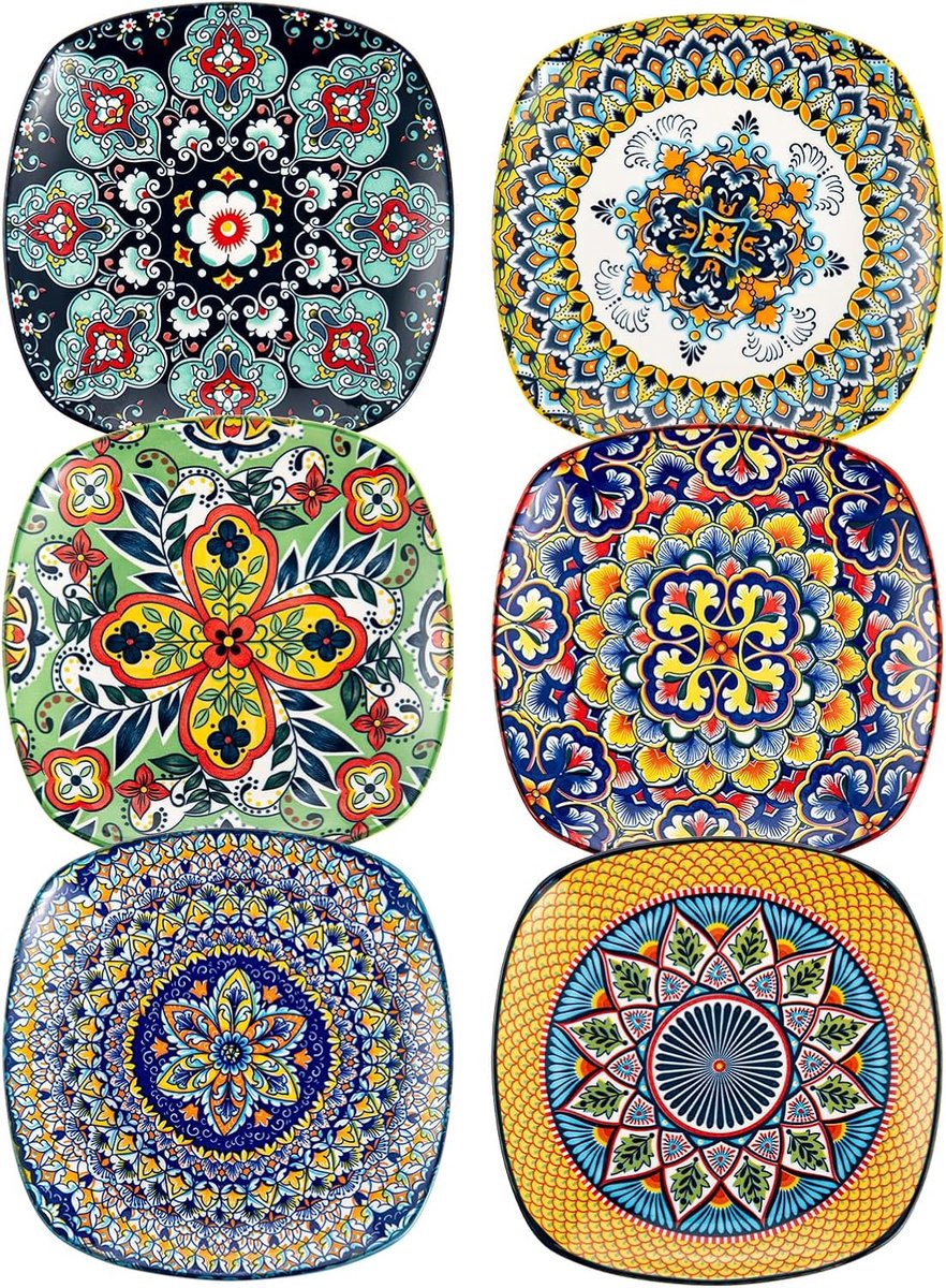 Dessertborden en voorgerechten van porselein, set van 6 vierkante borden van 18 cm voor salade, kleurrijke borden voor voorgerechten, salade en desserts, Boheemse stijl