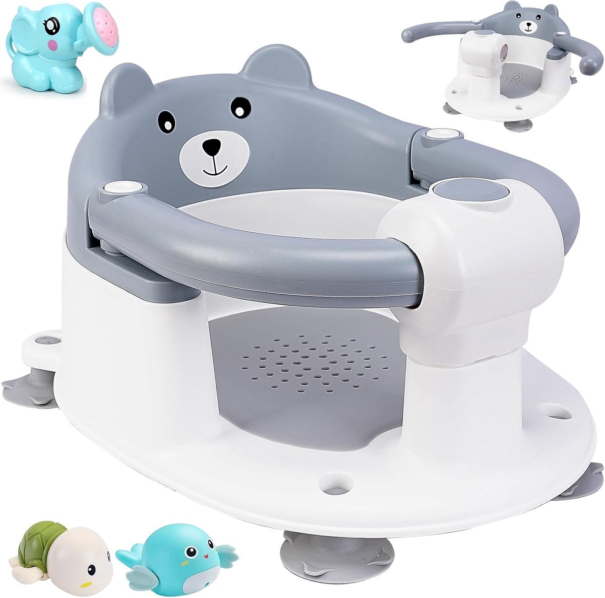 Badzitje voor Baby's,Babybadzitje,Ergonomische Antislip en Veilige Badstoel,Badzitjes met Speelgoed,Badzitjes voor Douche of Bad,Douche,Cadeaus voor Peuters en Pasgeborenen (Grijs)