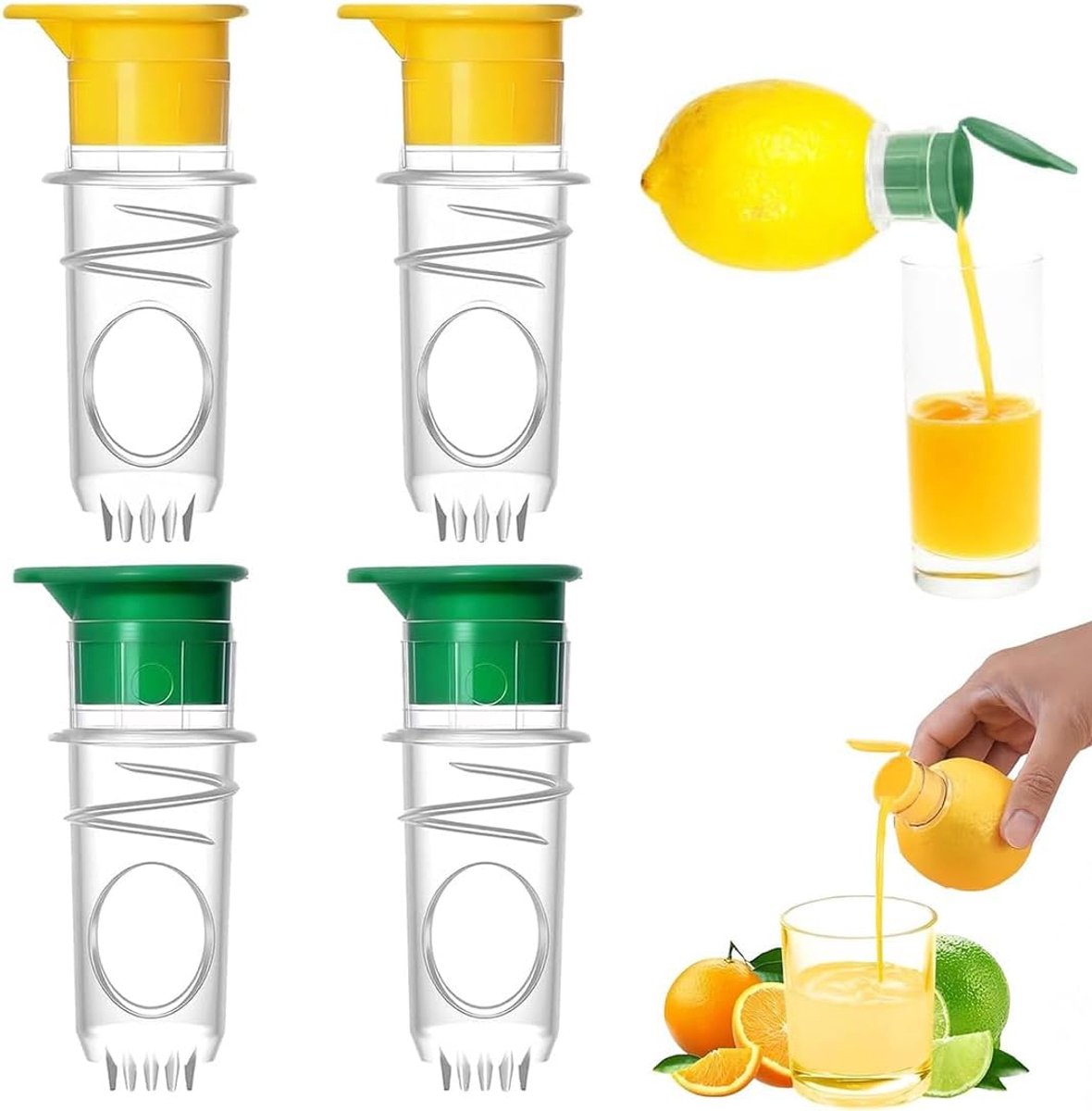 Set van 4 citroenpers van PP, 9 x 4 cm, handige handmatige sappers voor citroen en sinaasappel, transparant, 2 x groen + 2 x geel, ideaal voor thuis, kantoor, camping en bar