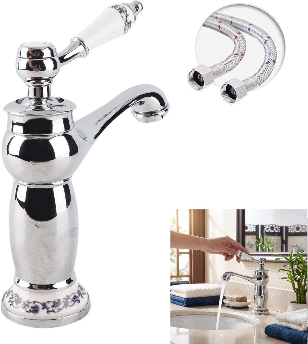 KZQ Wastafelmengkraan - Chroom - Klassiek Ontwerp - Eengreeps - Warm En Koud - Incl 60cm Slangen En 3/8 Slangen - Messing