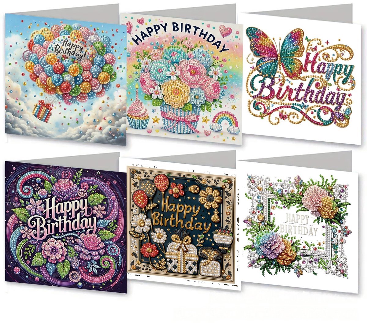 Casalora Diamond Painting kaarten - 6 Diamond Painting Wenskaarten - Verjaardagsthema - DIY Kaarten, Speciale Diamanten, Enveloppen en Accessoires - B